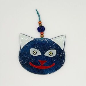 Fused Glass Blue Cat Face Hanging Ornament